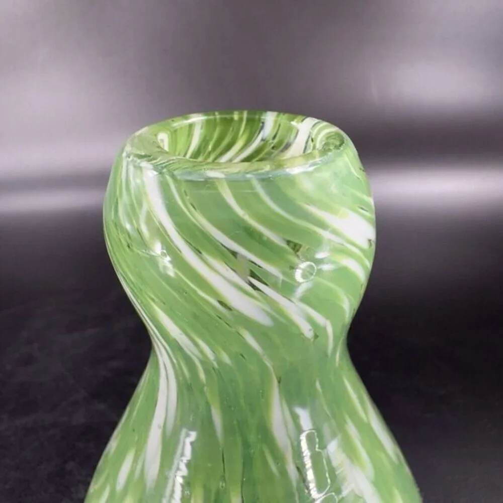Studio Hand Blown Bottle Shaped Glass Vase‎ Bud Vase Green White Spots Vintage